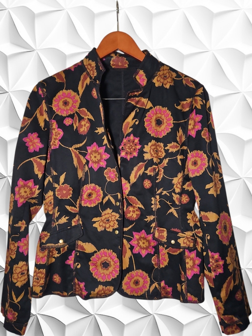 BOHO Floral‎ Ikat Print Jacket Mandarin Collar Snap Front Black Pink Gold Medium